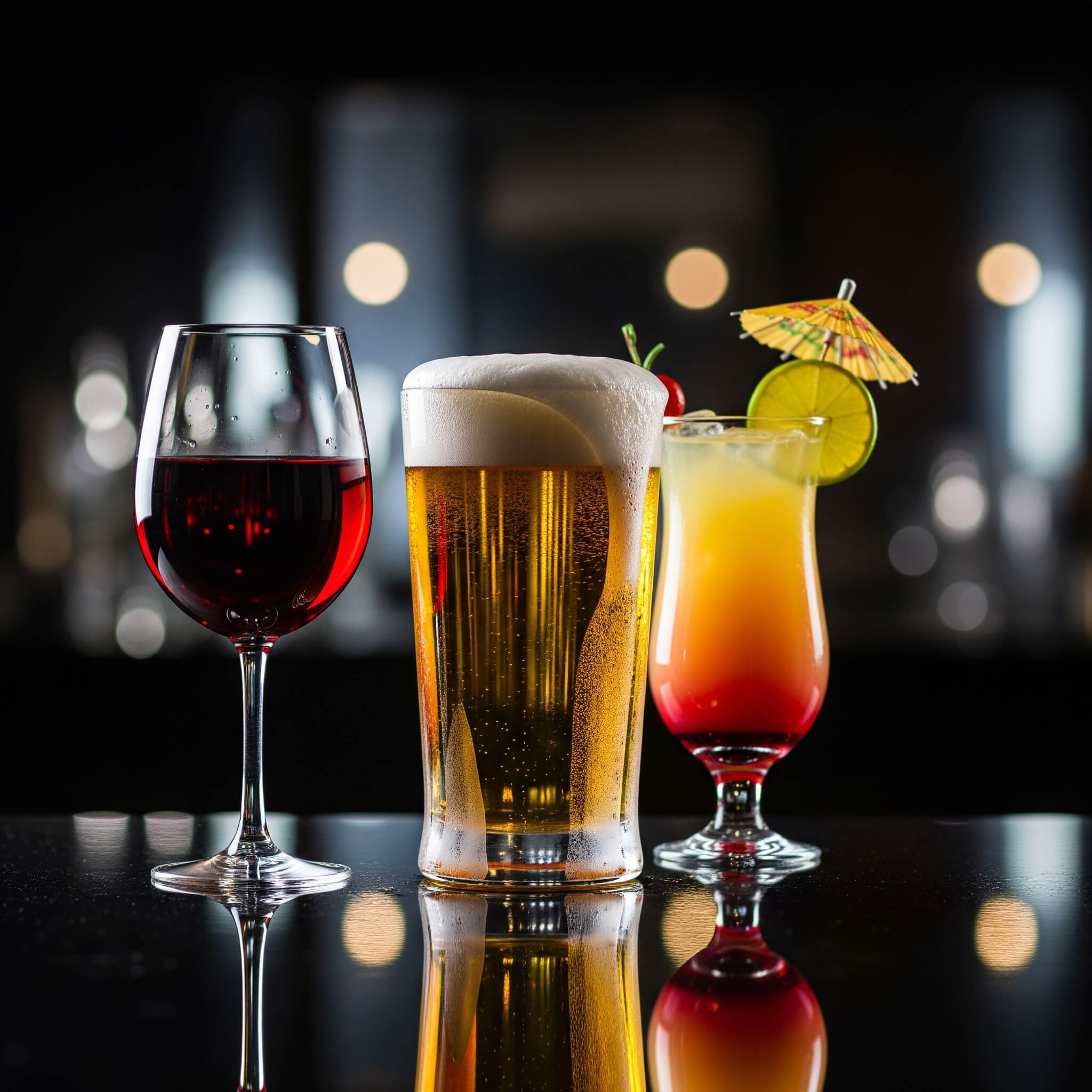 A glass of red wine, a pint of beer, and a colorful cocktail are arranged on a dark bar top, representing the different types of alcohol that can affect liver health.