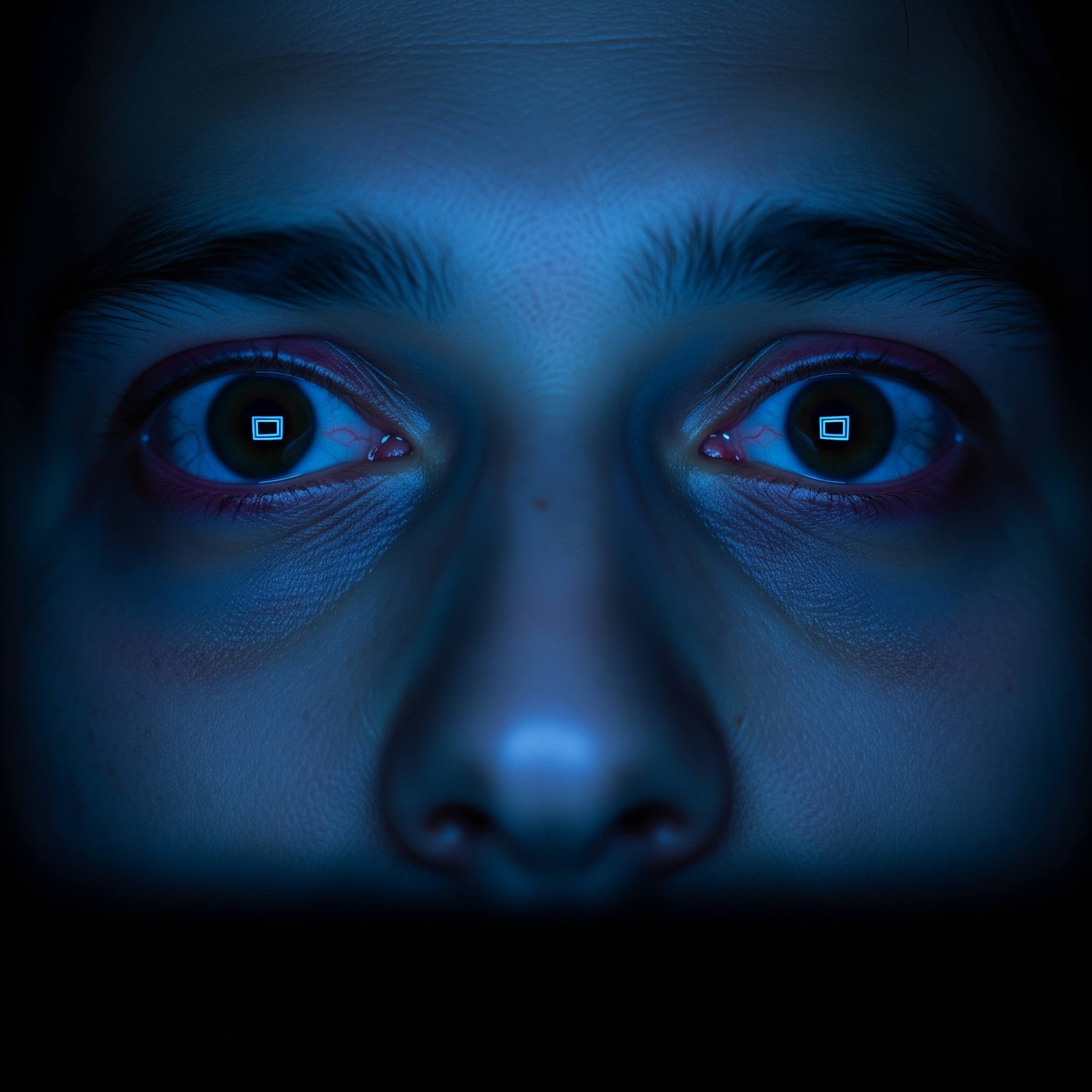 A close-up of eyes looking at a screen with blue light coming out, illustrating digital eye strain.