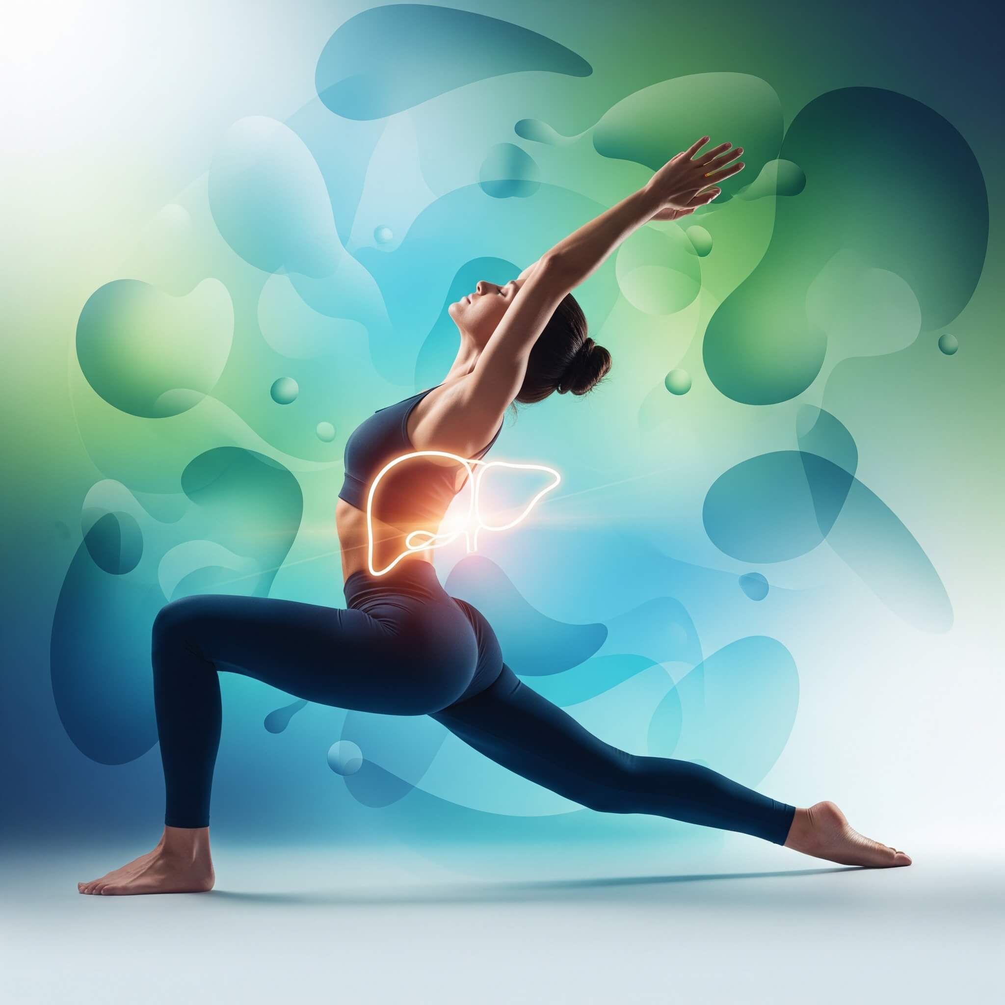 A woman in a yoga lunge pose, with a glowing outline of a liver superimposed on her body to symbolize the connection between exercise and liver wellness