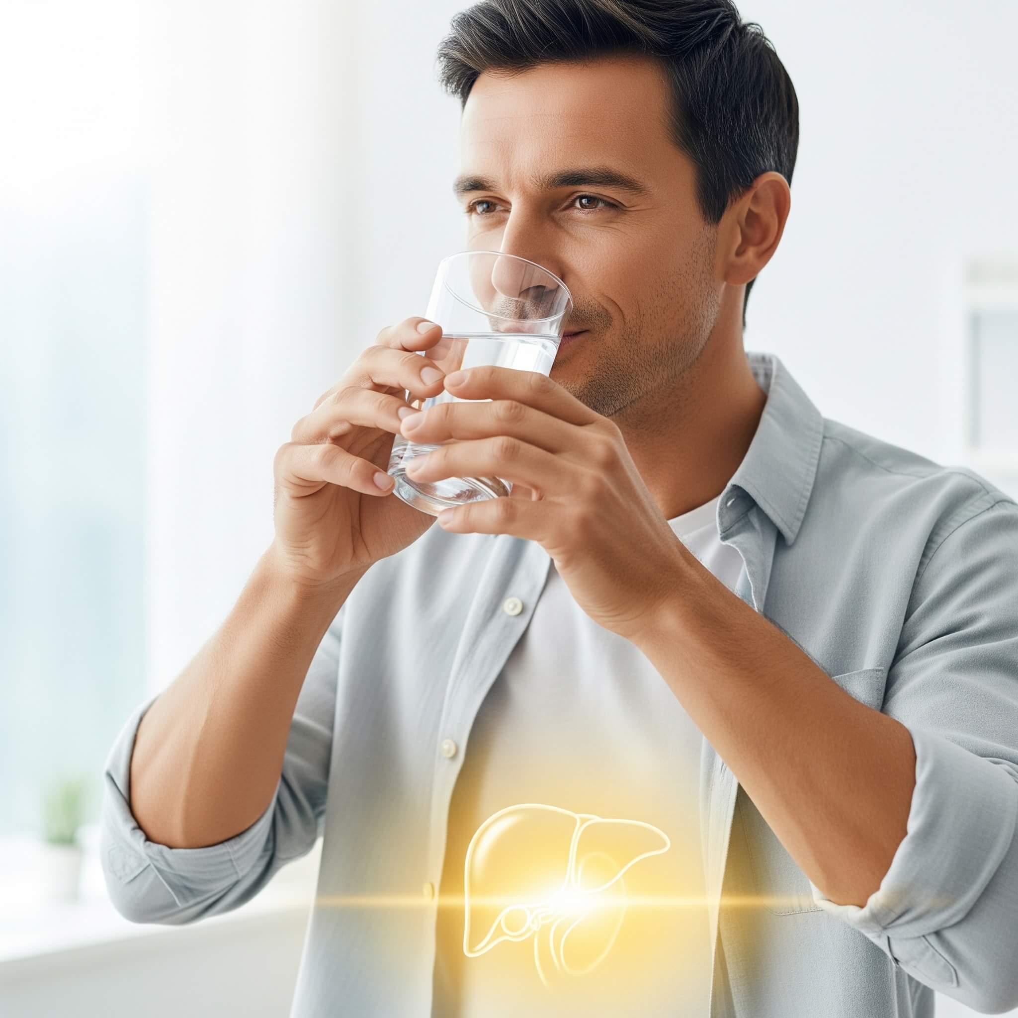 A man drinking a glass of water, with a glowing liver icon on his torso to symbolize the benefits of hydration for liver health.