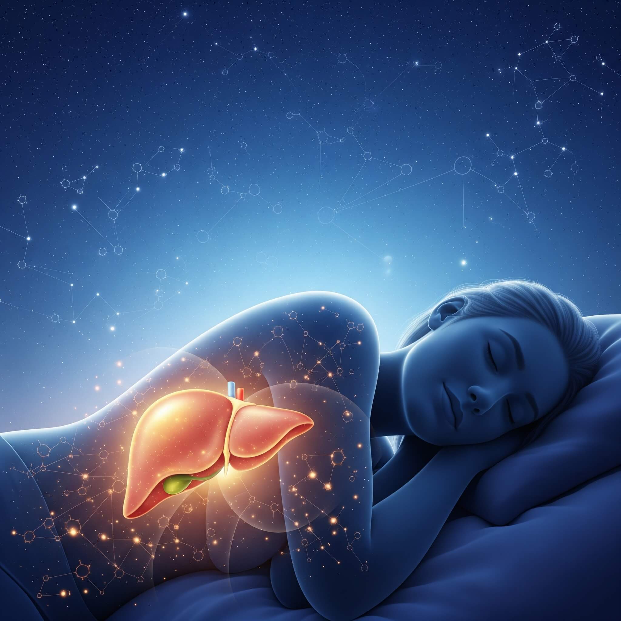 A stylized image of a woman sleeping peacefully, with a glowing liver visible within her silhouette, symbolizing the liver's healing and detoxification processes during sleep.