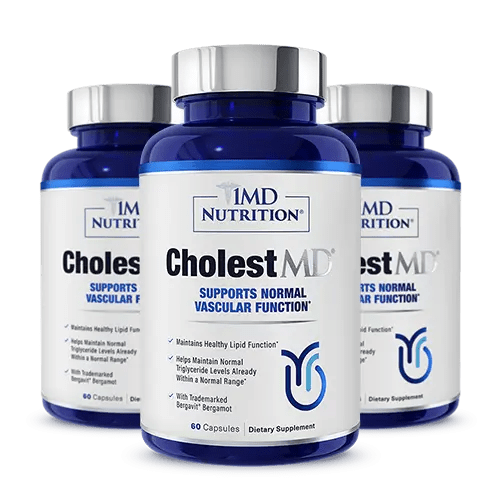 Three blue bottles of 1MD Nutrition CholestMD capsules, labeled to support normal vascular function