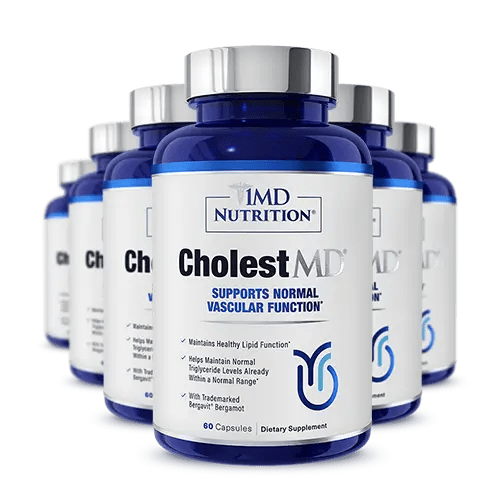 Six blue bottles of 1MD Nutrition CholestMD capsules, labeled to support normal vascular function