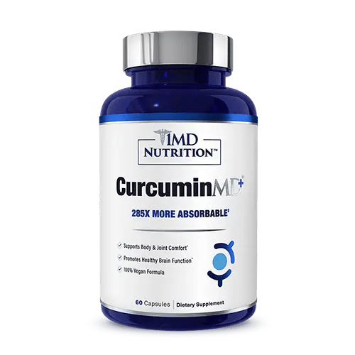 1MD Nutrition CurcuminMD Plus bottle, 60 vegan capsules, labeled 285x more absorbable for joint and brain support