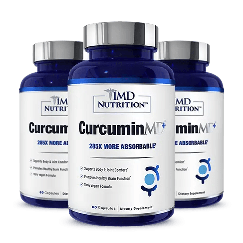 Three blue bottles of 1MD Nutrition CurcuminMD Plus dietary supplement, each labeled 60 capsules