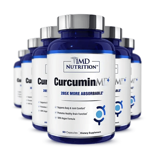 Multiple blue bottles of 1MD Nutrition CurcuminMD Plus capsules labeled 285X more absorbable