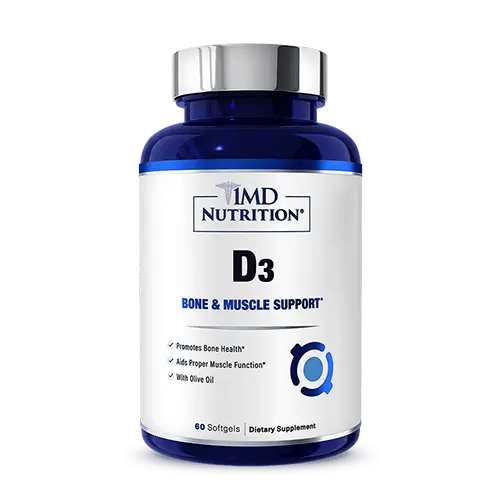 1MD Nutrition D3 bone and muscle support supplement bottle, 60 softgels with silver cap