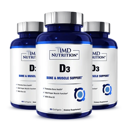 Three blue bottles of 1MD Nutrition D3 Bone & Muscle Support softgels with silver caps