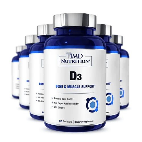 Six bottles of 1MD Nutrition D3 Bone & Muscle Support softgels with silver caps and blue labels