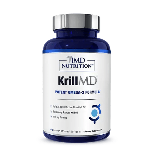 1MD Nutrition KrillMD bottle, potent omega-3 formula, 60 lemon-coated softgels dietary supplement