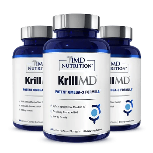 Three navy bottles of 1MD Nutrition KrillMD Potent Omega-3 Formula, 60 lemon-coated softgels each