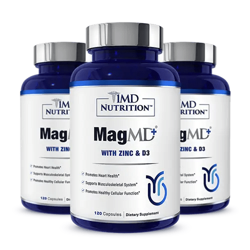 Three blue bottles of 1MD Nutrition MagMD+ with Zinc & D3, 120 capsules dietary supplement