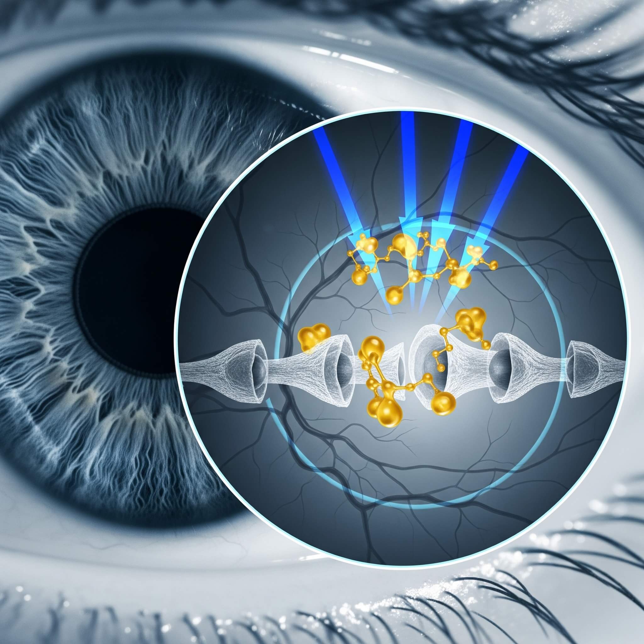 A scientific illustration of the eye with a magnified view showing Lutein and Zeaxanthin molecules absorbing blue light to protect the cells of the macula.