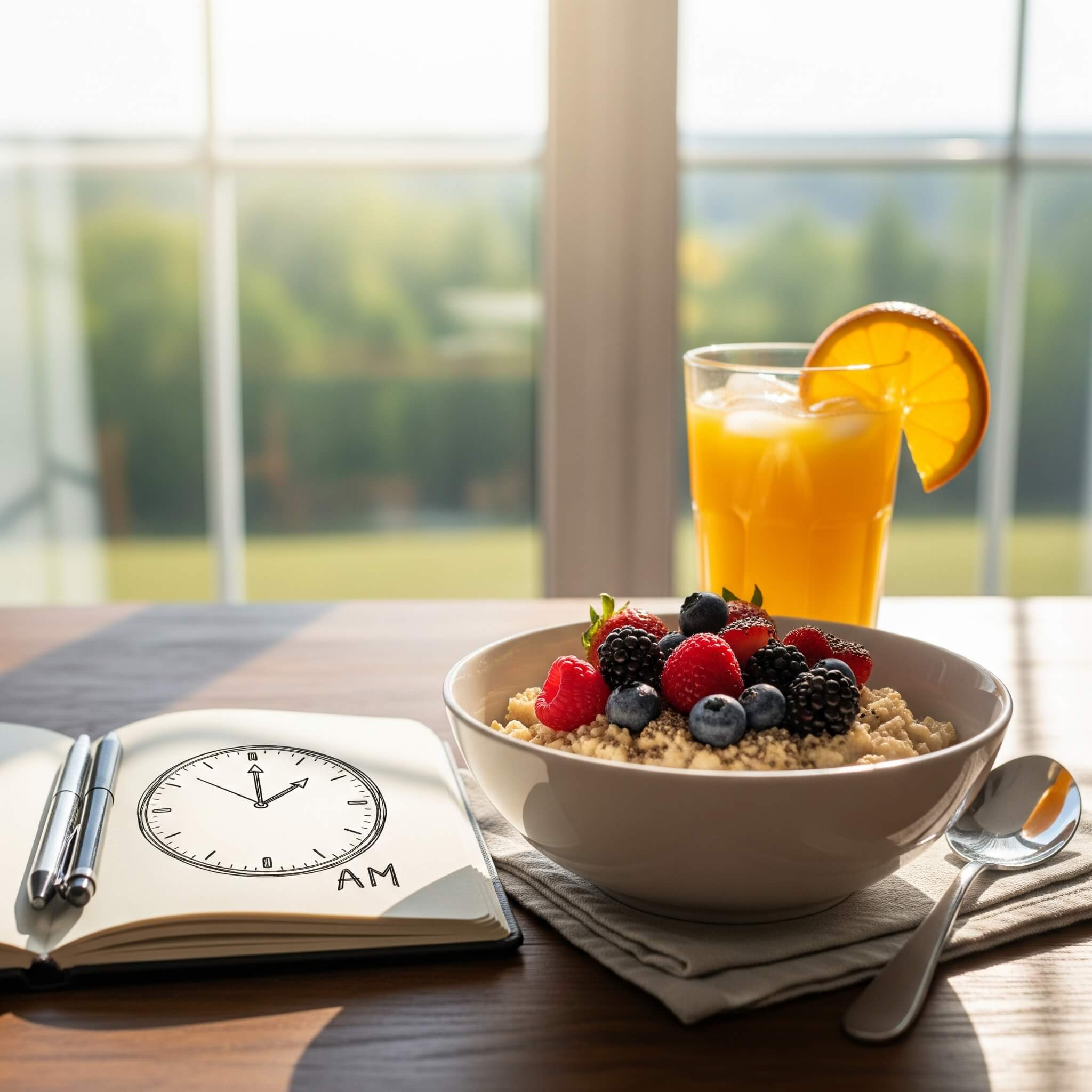 A healthy breakfast of oatmeal and orange juice sits on a sunlit table. A notebook next to the bowl has a clock drawn in it, symbolizing the best time of day to take supplements.