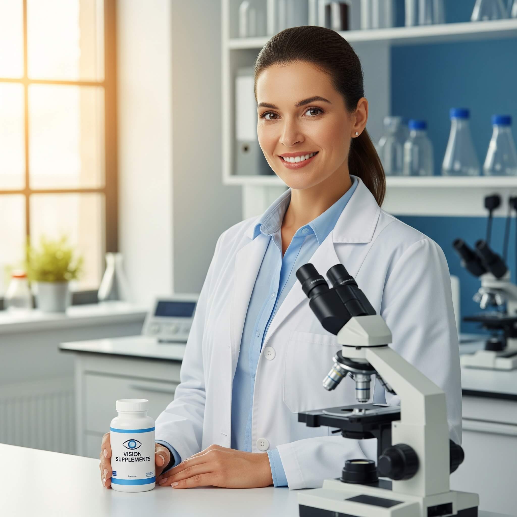 A friendly female scientist in a lab coat smiles while standing next to a bottle of vision supplements and a microscope in a bright, modern laboratory.
