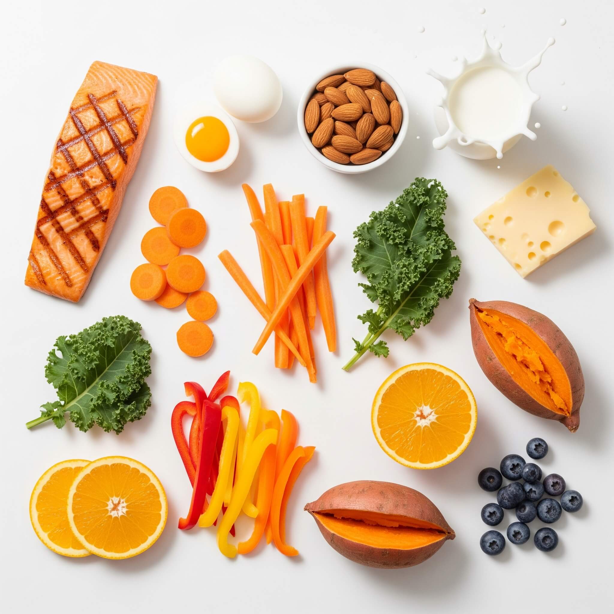 A vibrant flat lay of the top 10 foods for eye health, including salmon, eggs, leafy greens, carrots, and blueberries, all on a clean white background.