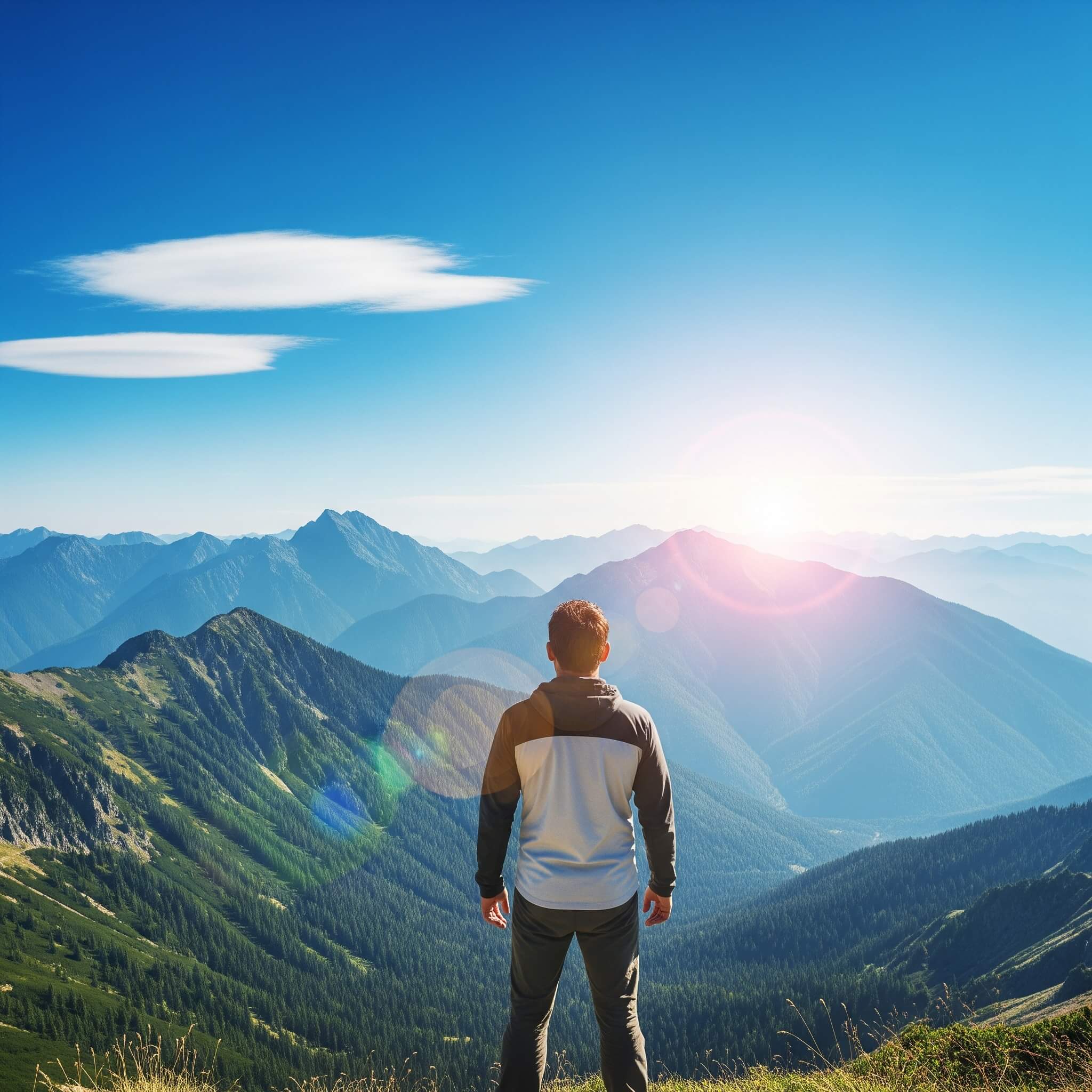 A person stands on a mountaintop, looking out at a clear and expansive landscape, symbolizing excellent vision and eye health.