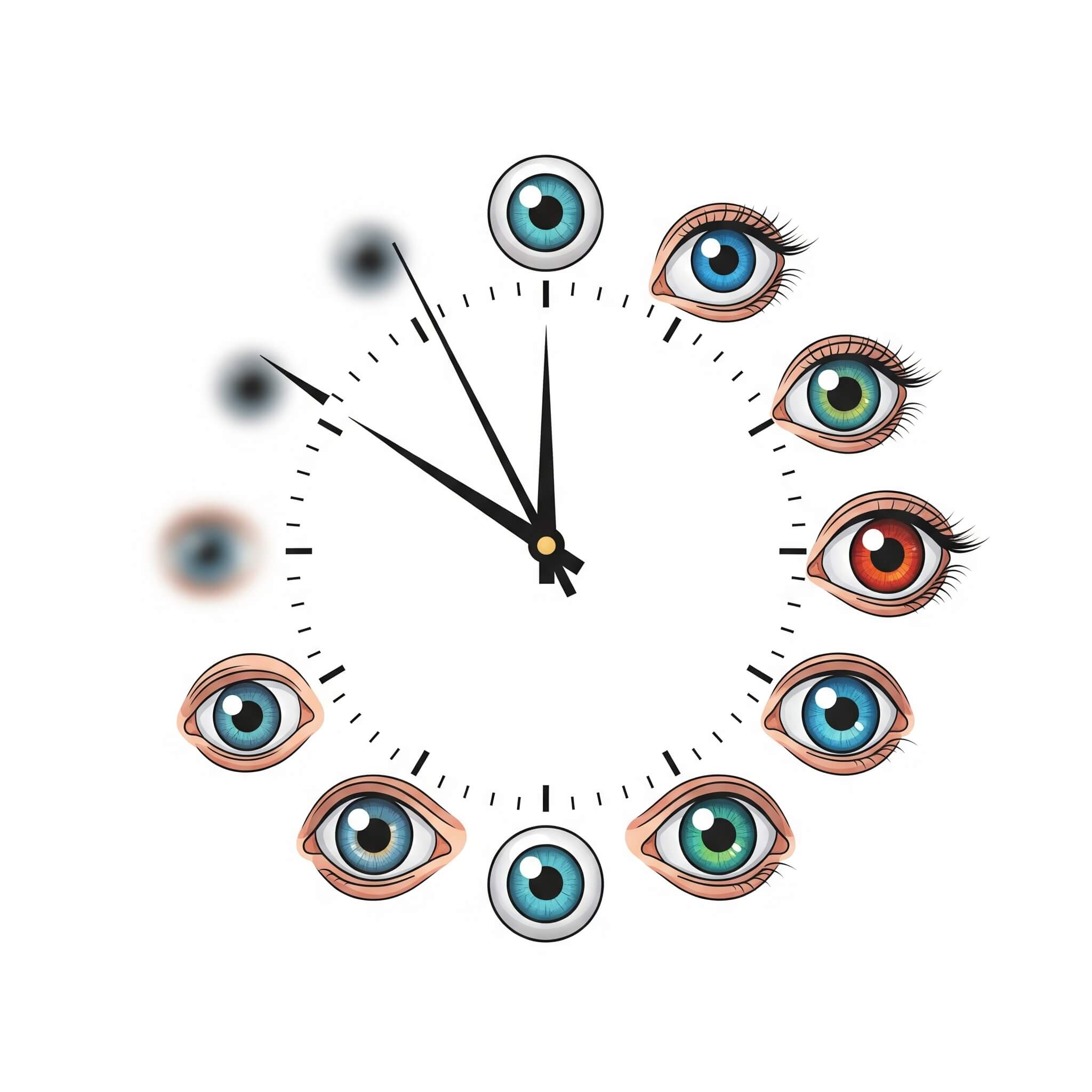 A stylized clock with eyes instead of numbers. The eyes are blurry at the top and become progressively sharper as they go around the clock, symbolizing how vision can improve over time.