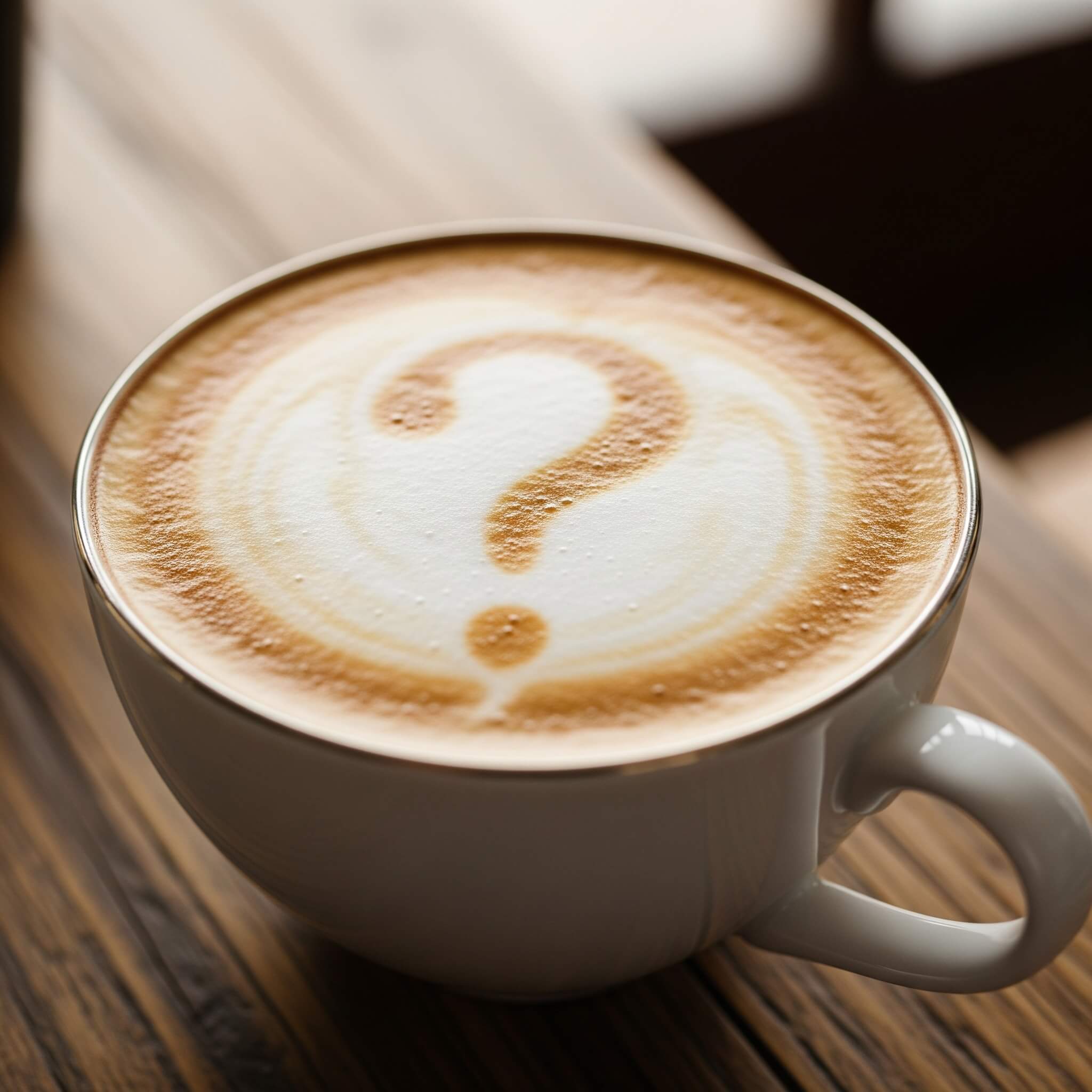 A close-up of a cup of coffee with a question mark created in the latte art, symbolizing the question of coffee's effect on liver health.