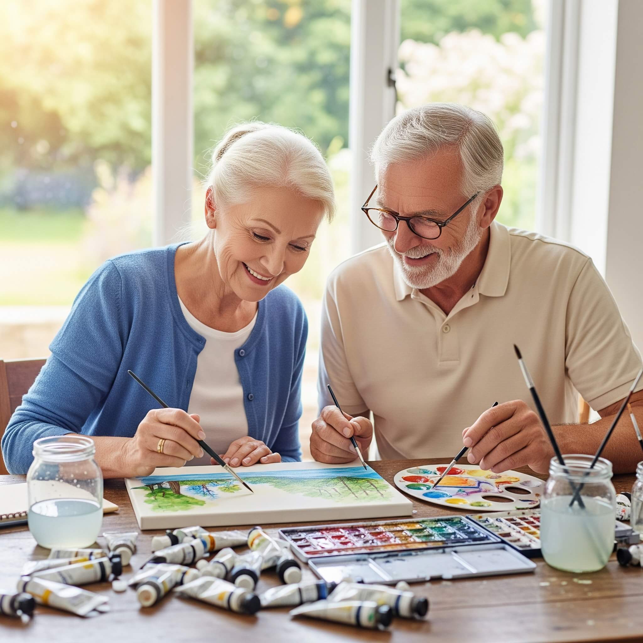 A happy senior couple with clear, focused eyes enjoying their hobby of painting together in a bright, sunlit room.