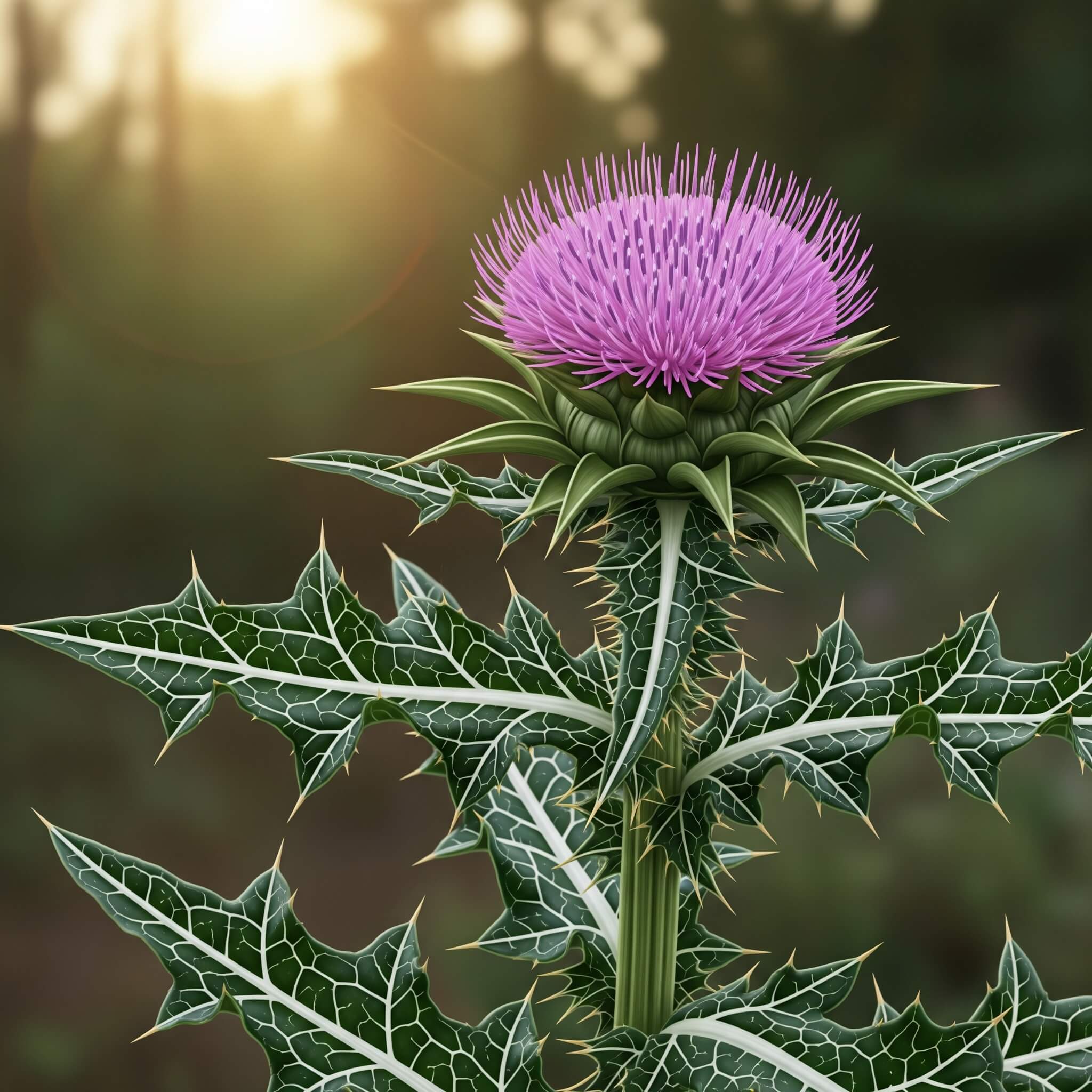 A close-up of a milk thistle plant showcasing its vibrant purple flower and spiny green leaves with distinctive white veins, set against a softly blurred natural background