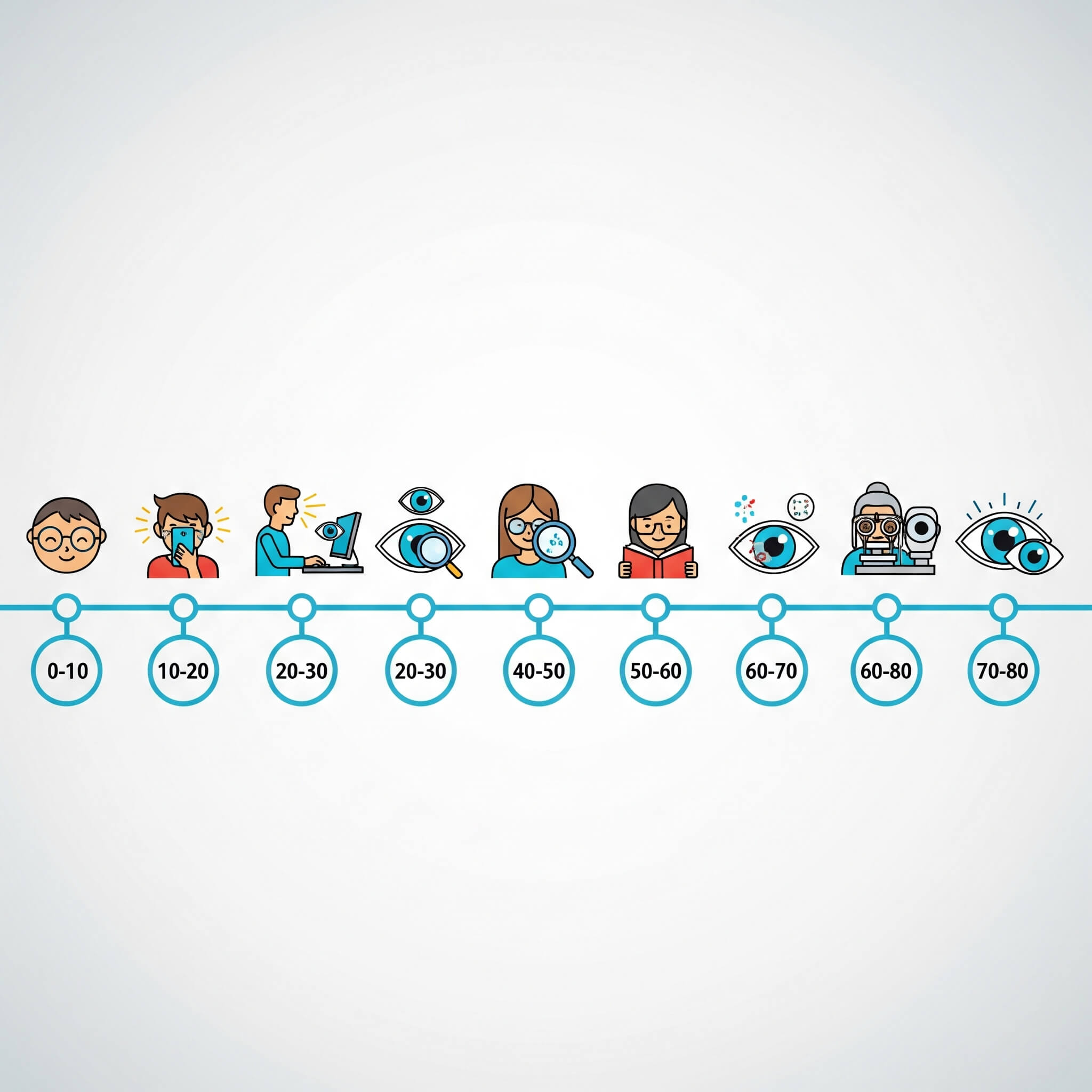 An infographic timeline showing different stages of eye health from childhood to senior years, with icons representing key milestones like getting glasses, screen time, and eye exams.