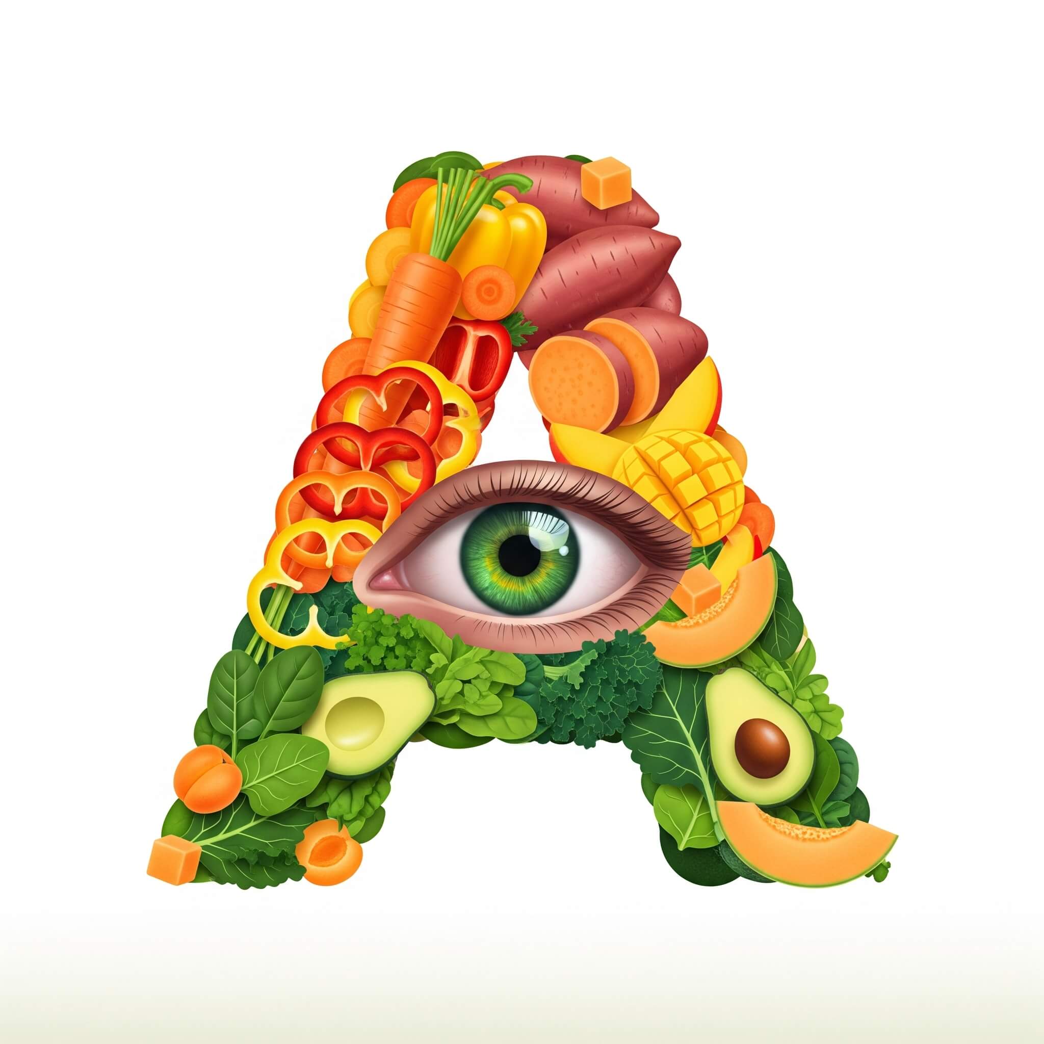 A stylized letter 'A' made from a colorful collage of Vitamin A-rich foods like carrots and leafy greens, with a bright, healthy eye at its center.