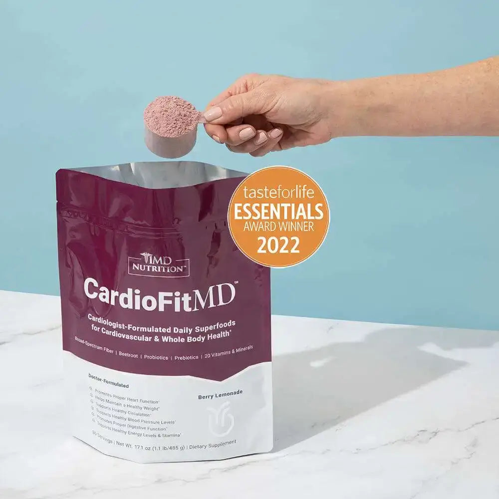 1MD Nutrition CardioFitMD bag with woman holding the scoop over it