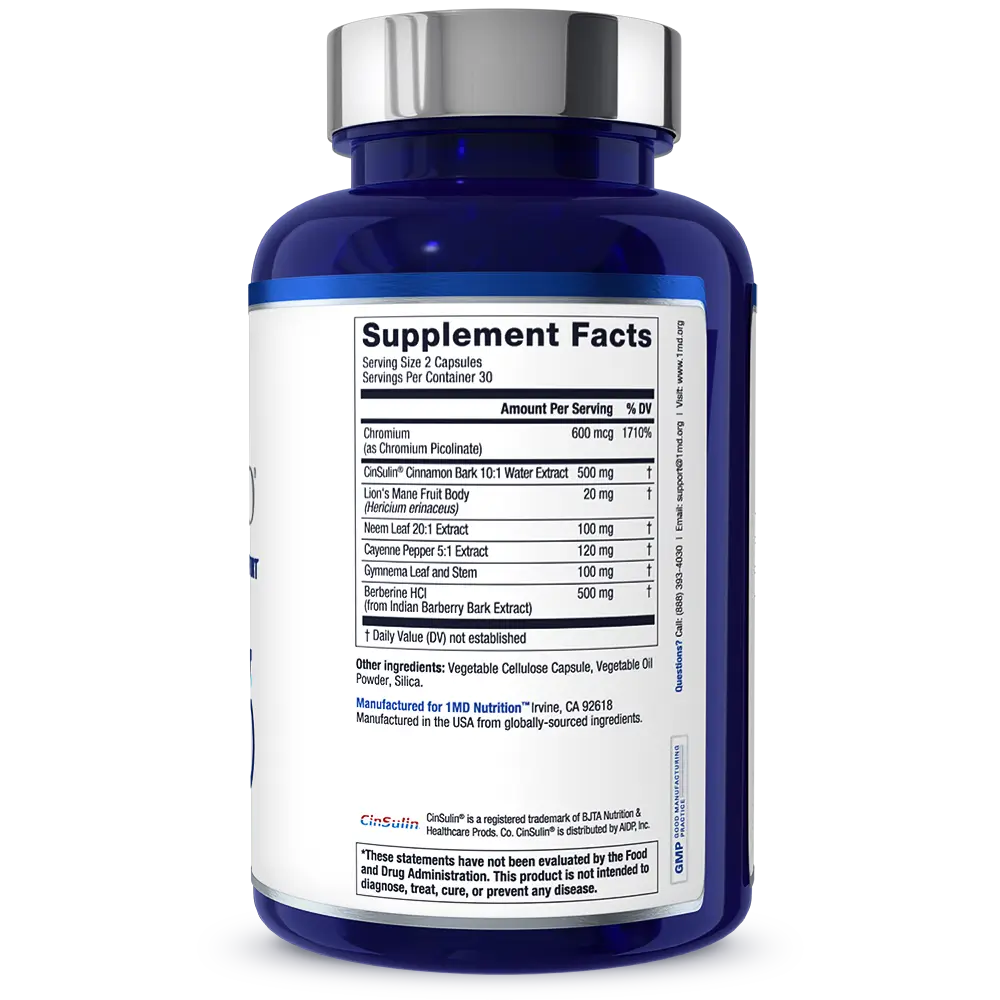 1MD Nutrition GlucoseMD bottle render supplement facts side