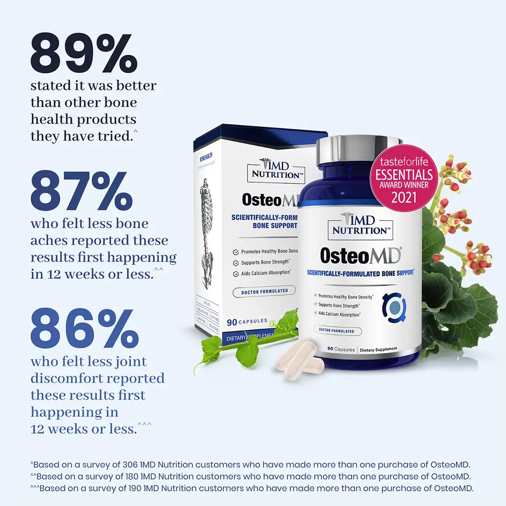 1MD Nutrition OsteoMD box and bottle with testimonials