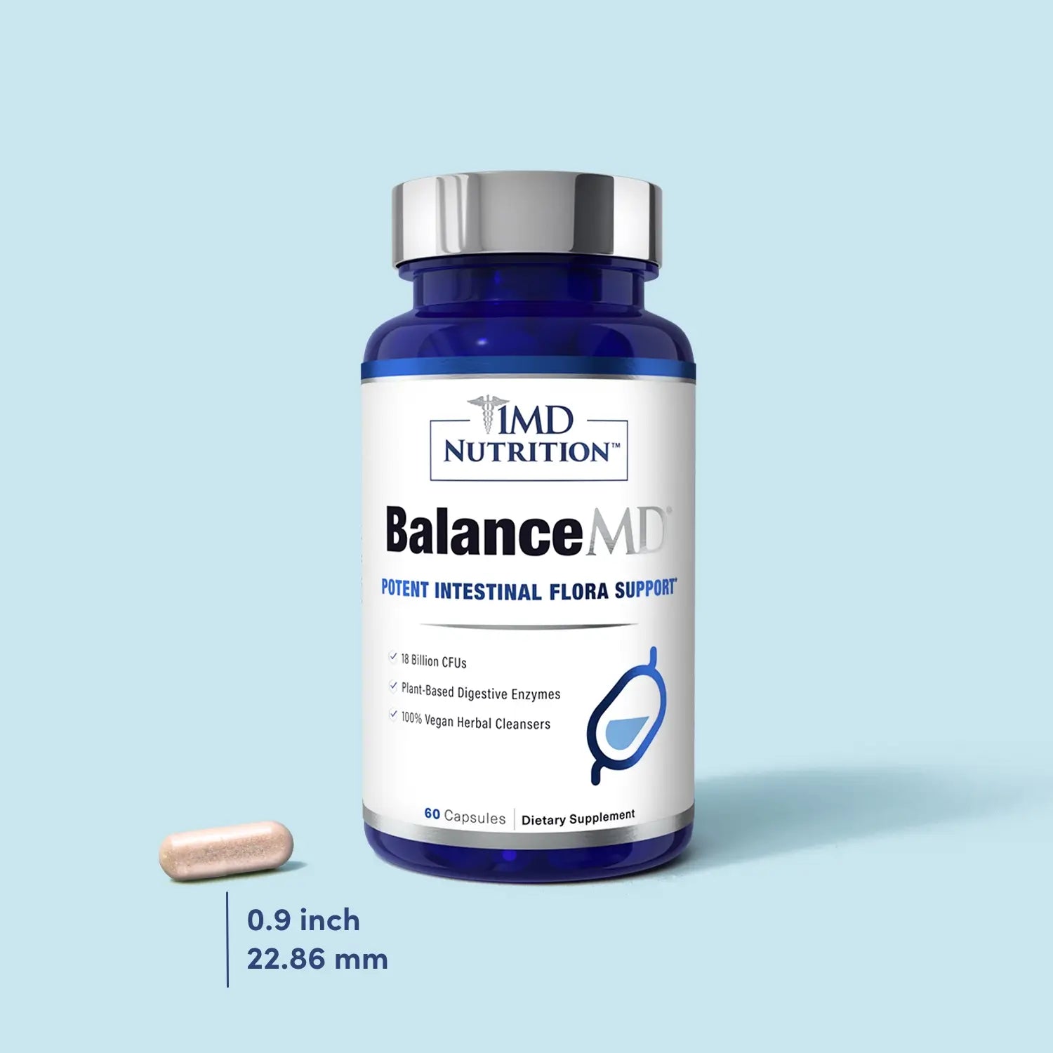 1MD Nutrition BalanceMD capsule size and bottle image