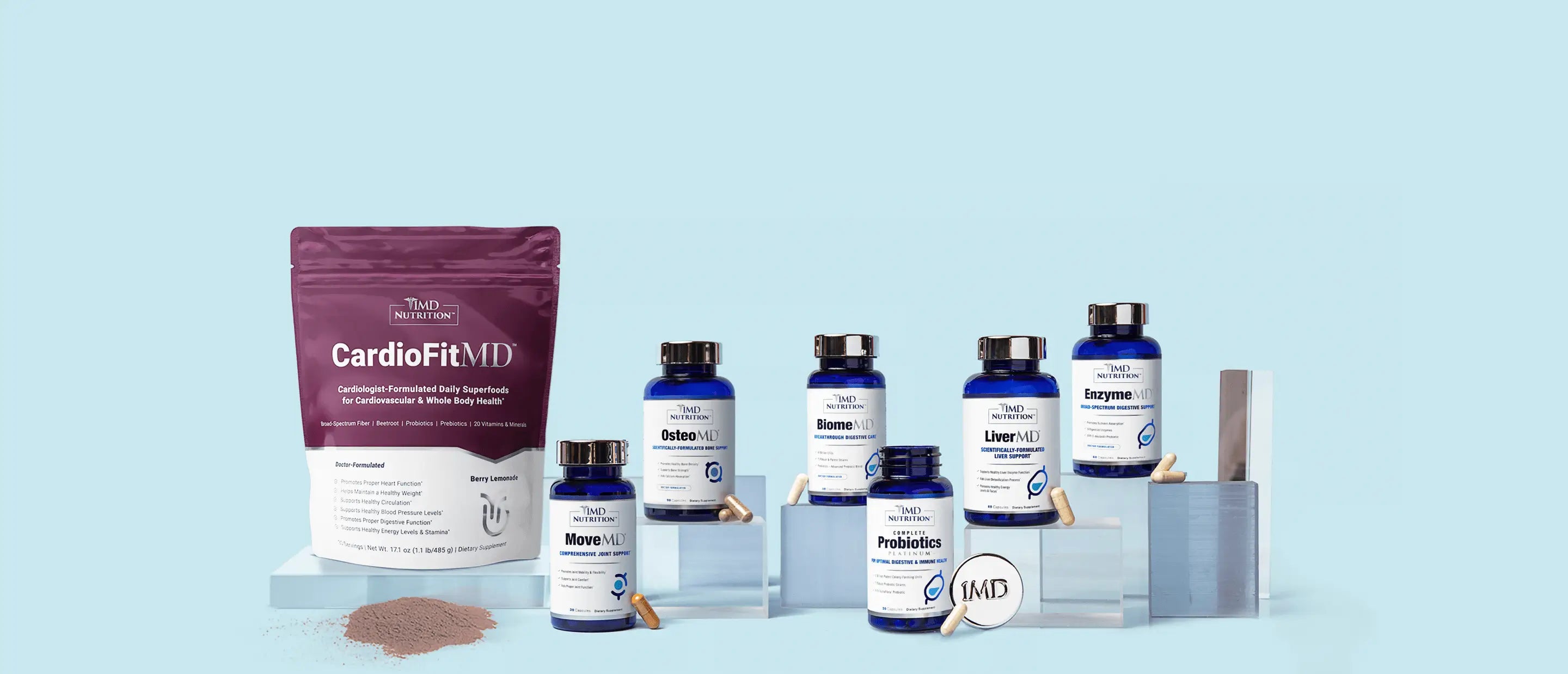 1MD products on a blue background