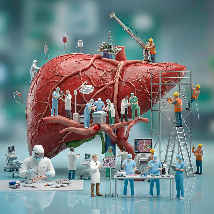 A stylized medical illustration showing a large anatomical liver with surgeons, nurses, workers, cranes, and surgical equipment arranged around it on a glossy blue surface.