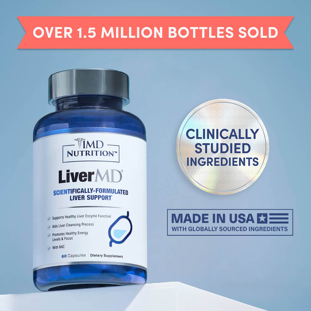 MD Nutrition LiverMD dietary supplement bottle on a light blue background with promotional text reading 'OVER 1.5 MILLION BOTTLES SOLD' and 'CLINICALLY STUDIED INGREDIENTS'.