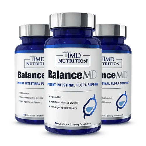 Three navy blue bottles of 1MD Nutrition BalanceMD capsules, labeled Potent Intestinal Flora Support, 60 capsules