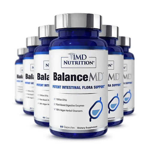 1MD Nutrition BalanceMD blue bottles labeled Potent Intestinal Flora Support, 60 capsules dietary supplement