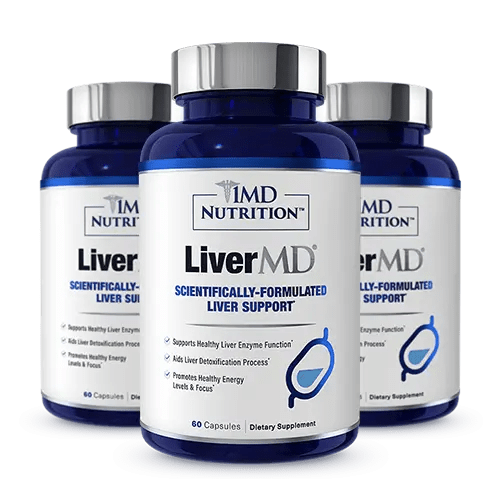 Three dark blue bottles of 1MD Nutrition LiverMD liver support supplement with silver caps, 60 capsules each