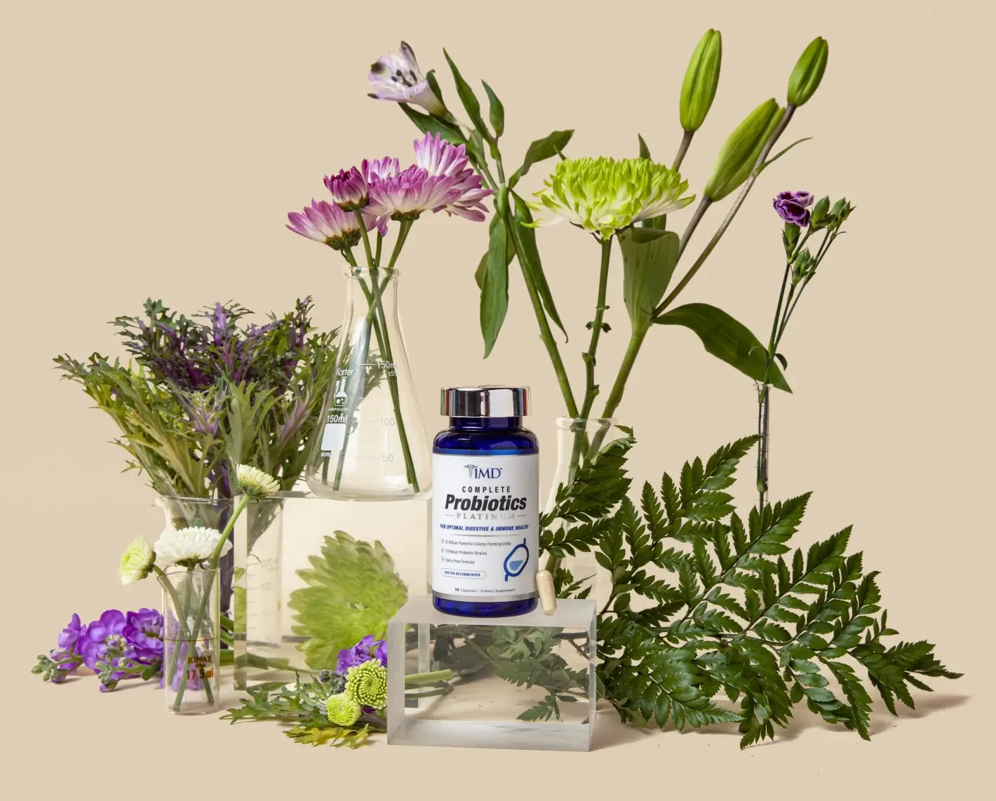 1MD Nutrition Complete Probiotics Platinum studio shot with flowers