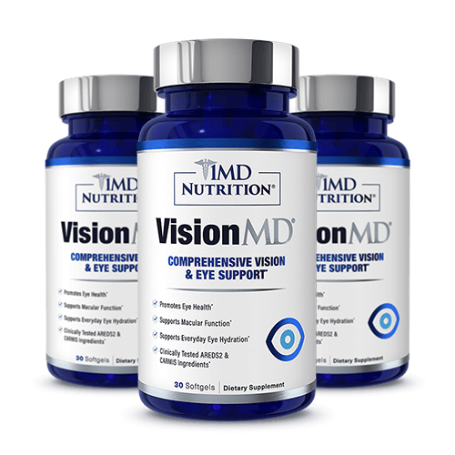 Three blue bottles of 1MD Nutrition VisionMD softgels labeled Comprehensive Vision & Eye Support, 30 softgels each
