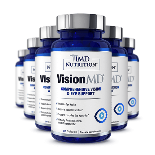 Multiple bottles of 1MD Nutrition VisionMD softgels for comprehensive vision and eye support
